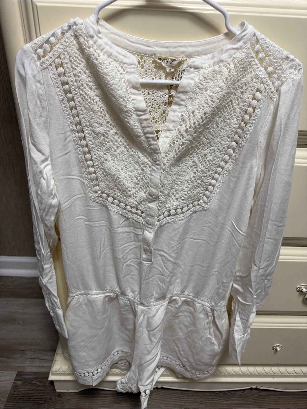Liberty Garden Ivory Crochet Long Sleeve Women's Romper